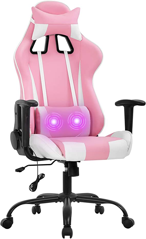 Gaming Chair Office Chair Desk Chair PU Leather Rolling Adjustable Computer Chair with Lumbar Support Headrest Armrest Swivel Massage Racing Chair for Gamer Adults(Pink)