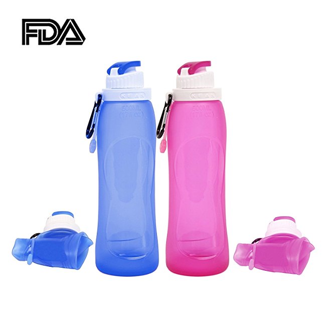 Sportsun Easy to Clean Silicone Collapsible Water Bottle for Sports Camping Hiking with Great Capacity 17 Oz，Pack of 2 Blue and Pink