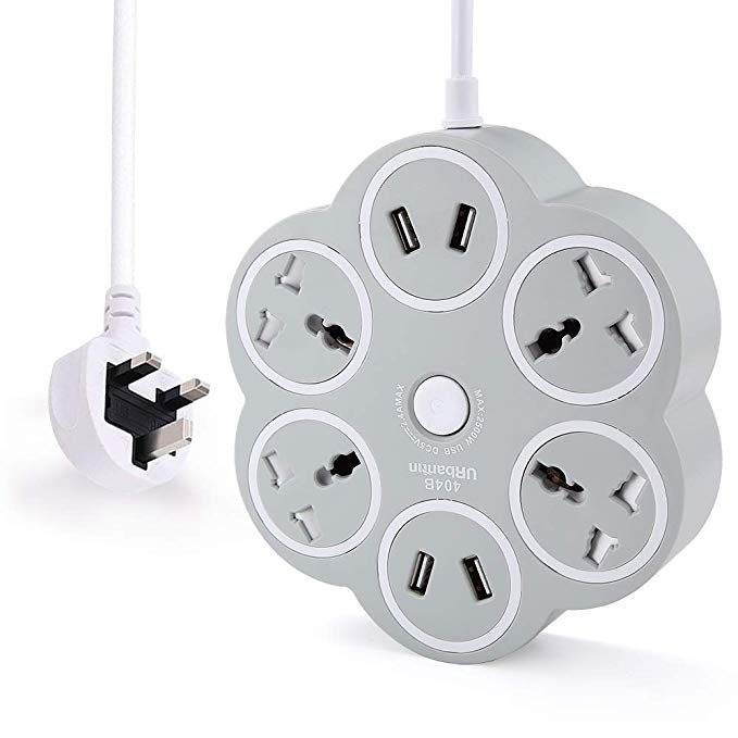URbantin Power Strip Extension Lead with 4 Way Universal Sockets 4 USB Charging Ports 1.8M Surge Overload Protection Extension Cord Switched Control (Grey)
