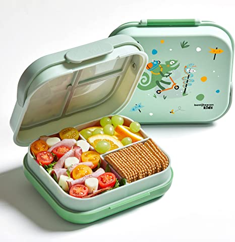 Bentoheaven Premium Bento Lunch Box for Kids, 9 Designs, Leak-proof 3-4 Compartments, Divider, Ideal size 30oz, Microwave/Dishwasher Safe Kids Bento Lunch Box (Loncheras Para Niñas/Niños)[Green]