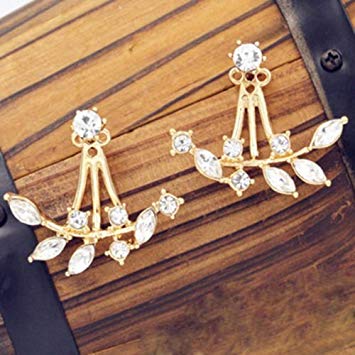 Elegant Women 18K Gold Plated Leaf Crystal Ear Jacket Double Sided Swing Stud Earrings*gold