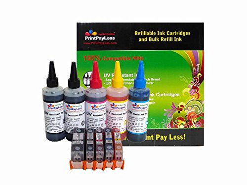 With Auto Reset Chips! PrintPayLess® Brand Pre-filled 5 Refillable Ink Cartridges for Canon PGT-250 CLI-251 (non-OEM) cartridges   Additional 500 ml PrintPayLess® Brand UV resistant dye ink Specially Formulated for Canon and Canon PIXMA: iP7220, MG5420, MG5520, MG6420, MX722, MX922, MX925, MG5450, MG6350, iP7250 printers - Black, Black, Cyan, Magenta, and Yellow