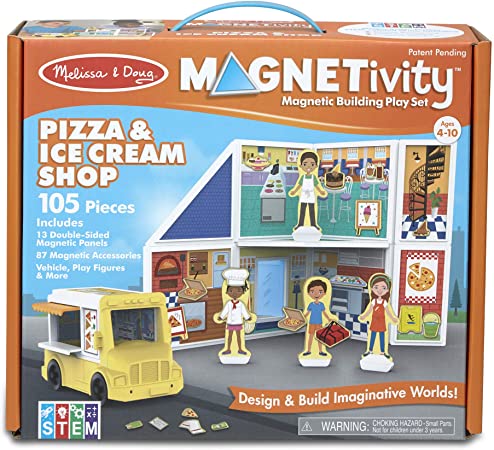 Melissa & Doug Magnetivity Magnetic Building Play Set – Pizza & Ice Cream Shop with Food Truck Vehicle (105 Pieces)