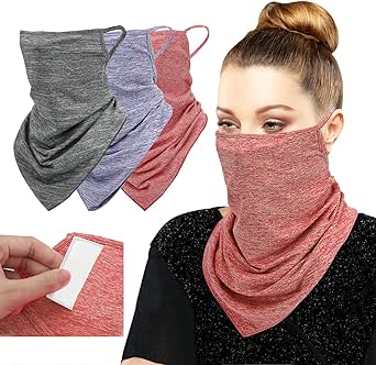 MoKo Scarf Mask Bandana with Ear Loops 3 Pack, Neck Gaiter Balaclava with Filter Pocket Face Mask for Outdoor for Women Men