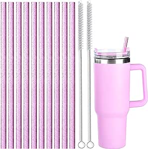 ALINK 10 Pack Pink Replacement Straws for Stanley 40 oz 30 oz Tumbler, 12 in Long Reusable Plastic Glitter Straws for Stanley Cup Accessories, Half Gallon Jug, Plus 2 Cleaning Brush