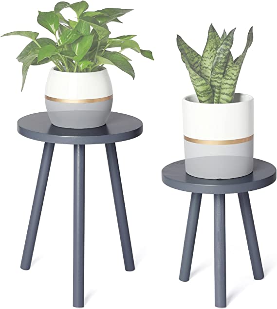 POTEY Wood Plant Stands Modern Style Plant Table Indoor Flower Pot Holder Home Decor Gray (Set of 2)