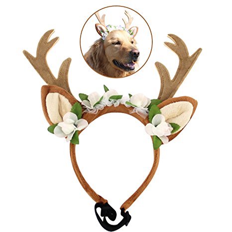 Bascolor Pet Costume Antlers Headbands with Ears Adjustable Flexible for Dogs Cats Various Size Halloween Christmas Festival Costume
