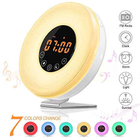 SOLMORE Wake Up Light Alarm Clock LED Bedside Lamp FM Radio Alarm Clocks with Touch Control Sunrise Simulation, Snooze Function, 6 Nature Sounds,7 Colors, 10 Brightness Night Light for Kids Bedroom