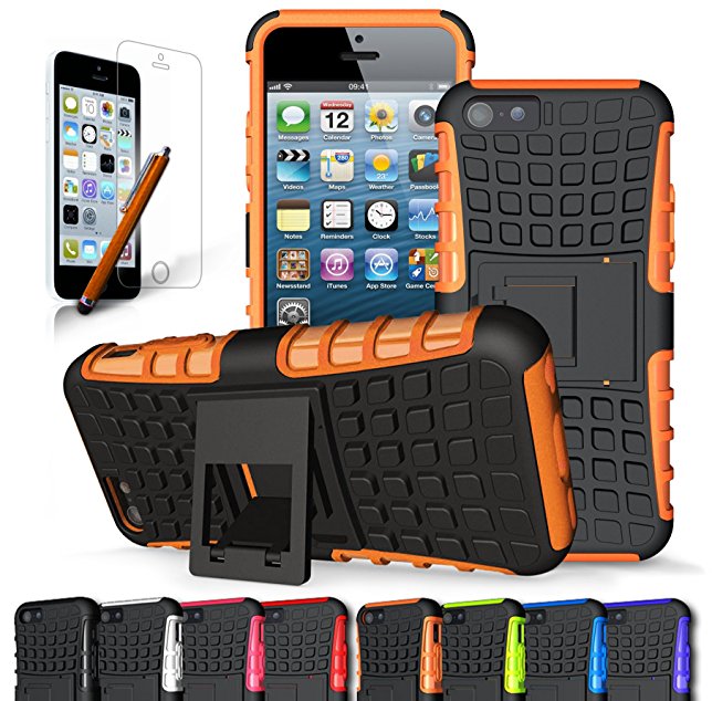 iPhone 5C Case, CINEYO(TM) heavy Duty Rugged Dual Layer Case with kickstand (Apple Iphone 5c Black) (Orange)