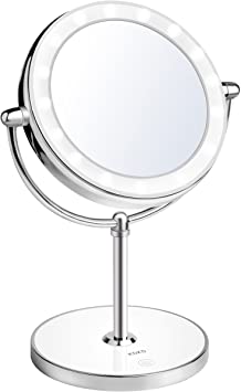 KDKD Lighted Makeup Mirror 1X 7X Magnification Double Sided Round Shape with Base Touch Button, Cordless and Rechargeable