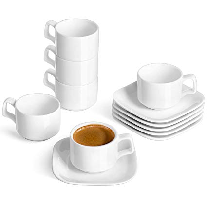 DOWAN Porcelain Espresso Cups with Square Saucers, 4 Ounce, Stackable Espresso Cups Set of 6, White