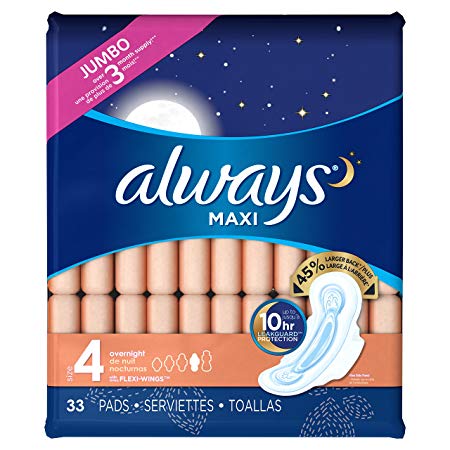 Always Maxi Size 4 Overnight Pads with Wings, Unscented, 33 Count