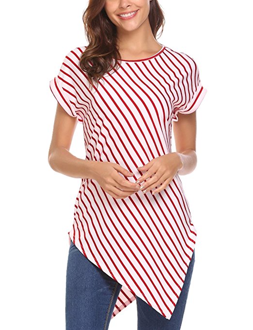 ELOVER Women's Asymmetric Tunic Cuffed Sleeve Striped Crop Top Tee T-Shirt