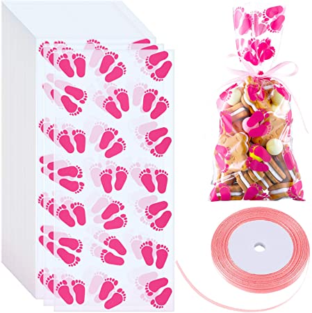 100 Pieces Baby Print Cellophane Treat Bags Baby Footprint Candy Bags Baby Shower Party Favor Bags with Ribbons for Baby Shower Birthday Party Supplies (Pink)