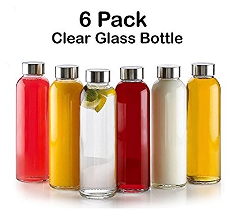 18 Oz Glass Water Bottle - 6 Pack With Stainless Steel Caps - For Beverage and Juicer Use - Best Reusable Sports Drinking Bottles for Fresh Juices, Juicing, Tea & Bulk Beverages – By Katzco