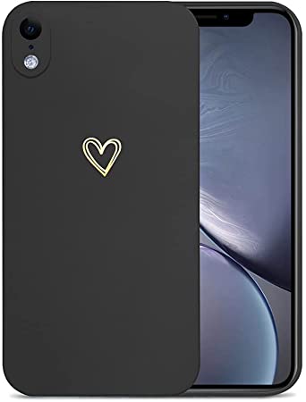 Ownest Compatible with iPhone XR Case for Soft Liquid Silicone Gold Heart Pattern Slim Protective Shockproof Case for Women Girls for iPhone XR-Black