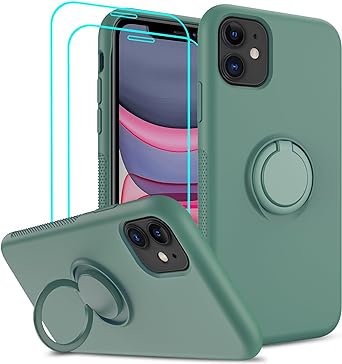 LeYi for iPhone 11 Case: with 2 PCS Glass Screen Protector for Women Girls Boys, Liquid Silicone Shockproof Phone Case Cover with Stand for iPhone 11, Green