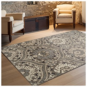 Superior Designer Augusta Collection Area Rug, 8mm Pile Height with Jute Backing, Beautiful Floral Scalloped Pattern, Anti-Static, Water-Repellent Rugs - Light Blue, 5' x 8' Rug