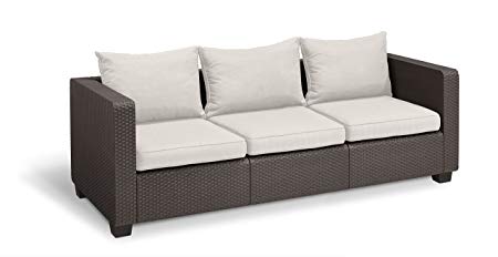 Keter Salta 3-Seater Seating Patio Sofa Sunbrella Cushions in a Resin Plastic Wicker Pattern, Rich Brown