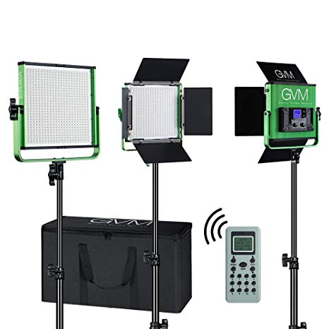GVM Led Video Lighting Kit, 3 Pack with Digital Screen High Brightness Video Lighting with Stand Dimmable Bi-Color Led Light Panel for YouTube Studio Outdoor Photography Video Shooting (Green)