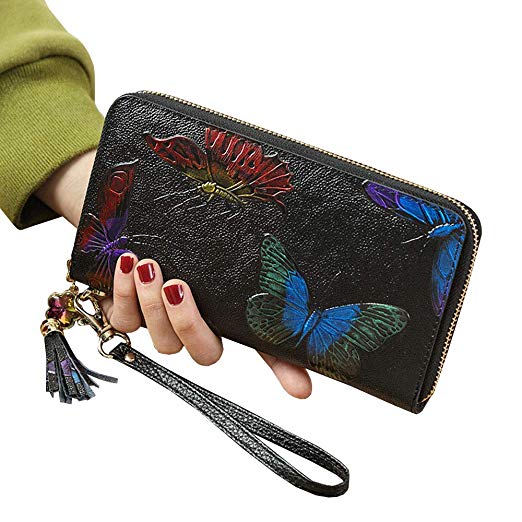 Blansdi Women Floral Long Wallet Purse Genuine Leather Clutch Zipper Closure Card Holder Organizer Wristlet