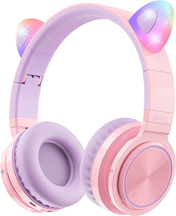 Picun Bluetooth Kids Headphones with Microphone, Cat Ear Wireless & Wired 85dB Volume Limited Multi-Function Girl Headphones, Built-in Flashing LED, Foldable for School Study Home Travel- Purple Pink