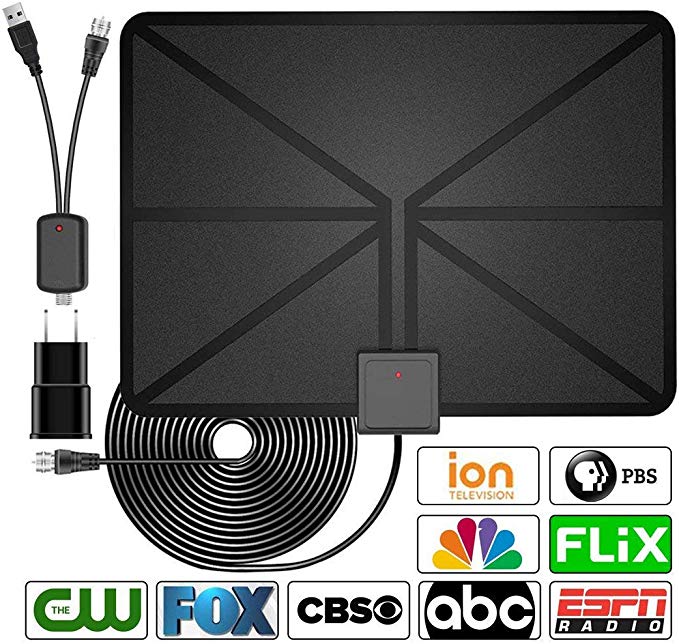 [2019 Latest] HDTV Antenna Indoor Digital TV Antenna, 60 Miles Range with Amplified Signal Booster Support 4K 1080P Freeview Channels - 13.2Ft Coaxial Cable and Power Adapter