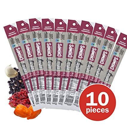 CHOMPS Grass Fed Cranberry Habanero Spicy Beef Jerky Snack Sticks, Keto & Paleo Friendly, Whole30 Approved, Non-GMO, Gluten Free, No Added Sugar, 110 Calorie Snacks, 1.15 Oz Meat Stick, Pack of 10