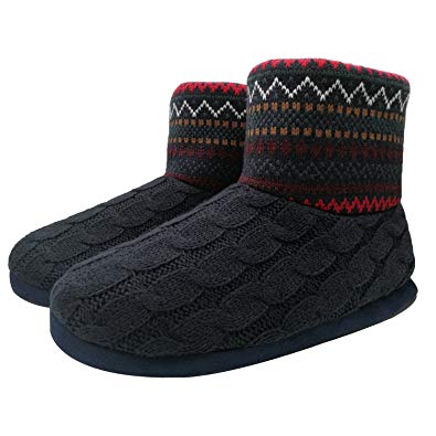 Knit Rock Wool Warm Men Indoor Pull on Cozy Memory Foam Slipper Boots with Soft Rubber Sole
