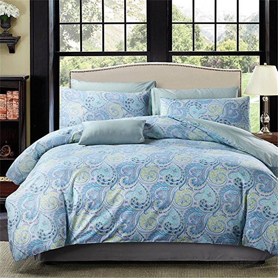 Brandream Luxury Hotel Collections 3 Piece Reversible Queen 800-Thread-Count Bedding Set - Floral Paisley Duvet Cover Set Medallion Blue - 100% Soft & Breathable Egyptian Cotton