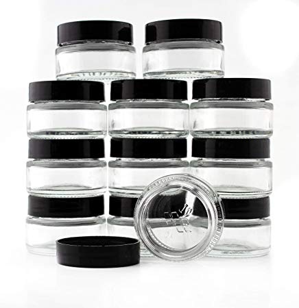 15-Milliliter Clear Glass Balm Jars (12-Pack); ½ oz Cosmetic Jars with Lined Black Plastic Lids