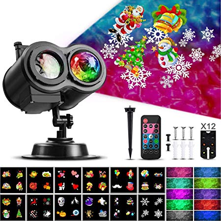 Christmas Ocean Wave Snowflake Light Projector, ACVCY Outdoor Waterproof 2-in-1 Moving Patterns Rotating LED Projection Lamp for Christmas Halloween Party Garden Decorations - 12 Slides 10 Colors