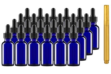 Culinaire 24 Pack Of 30 ml Blue Glass Bottles with Dropper Tops and Gold Glass Pen