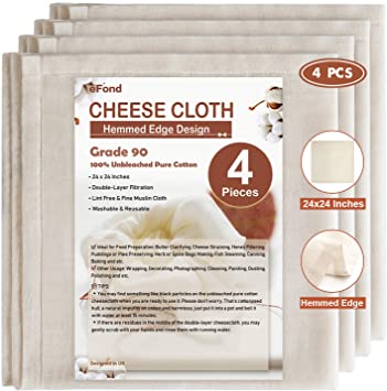 eFond Cheesecloth, 24x24Inch Hemmed Cheese Cloths for Straining Reusable, 90 Grade Double Lined Cheesecloth, Unbleached Pure Cotton Cheese Cloths for Cooking, Nut Milk Strainer (4 Pieces)