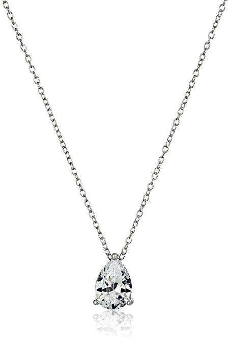 Platinum Plated Sterling Silver Cubic Zirconia Teardrop Pendant Necklace, 18"