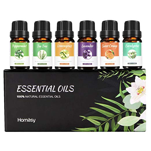 Homasy Aromatherapy Essential Oil Set, 100% Pure Essential Oils Gift Set, Top 6 Natural Essential Fragrance Oil Set for Diffuser, 10ML(Tea Tree, Peppermint, Lavender, Eucalyptus, Lemon Grass, Orange)