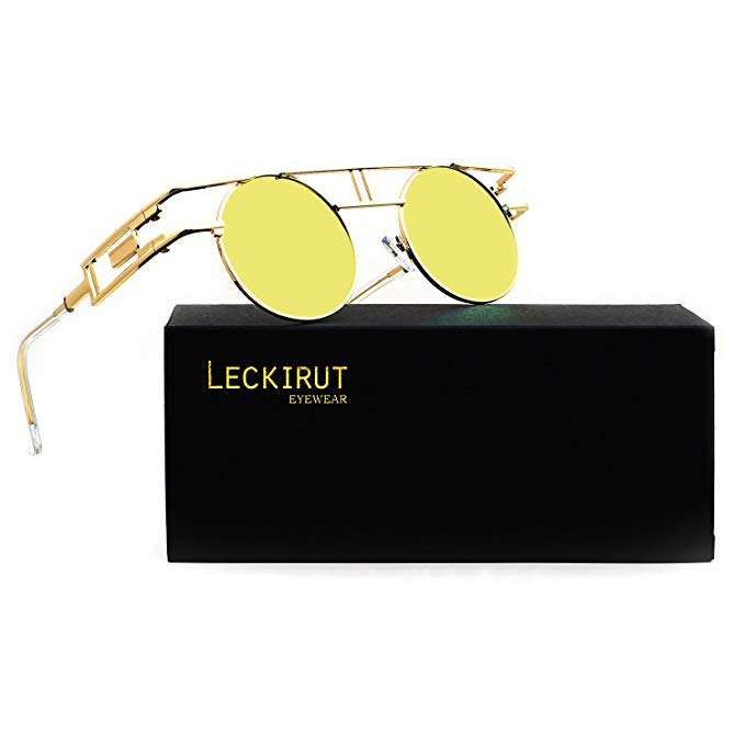 Leckirut Women Men Round Sunglasses Retro Vintage Steampunk Style Mirror Reflective Circle lens