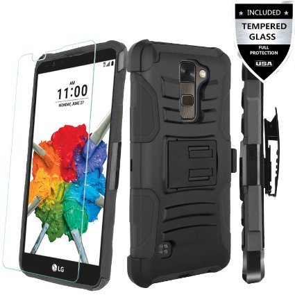 LG Stylo 2 Plus Case With Tempered Glass Screen Protector,IDEA LINE(TM)Heavy Duty Armor Shock Proof Dual Layer Holster Locking Belt Swivel Clip with Kick Stand   Stylus Pen(Black/Black)