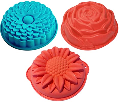 3 Pack Non-Stick Flower Shape Silicone Cake Bread Pie Flan Tart Jello Molds Silicone Baking Molds ,Large Flower Baking Trays for Birthday Party Baking Set Silicone Cake Molds