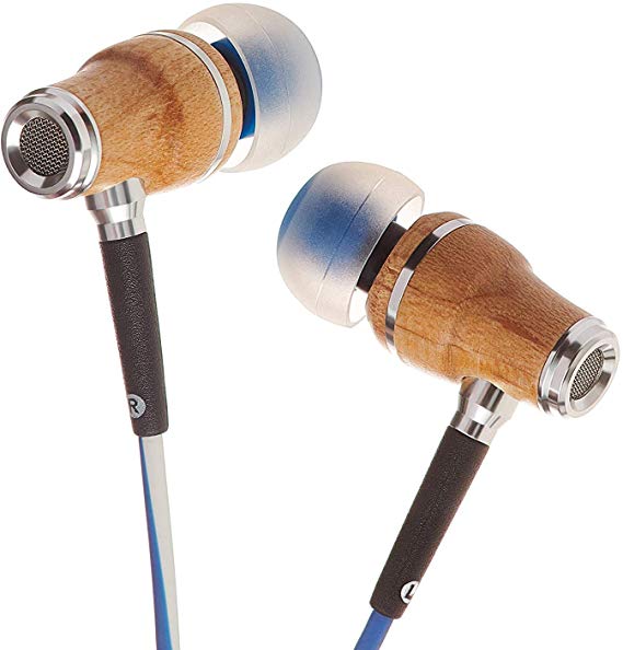 Symphonized NRG X Premium Genuine Wood Earbuds, In-Ear Noise-Isolating Headphones, Earphones with Angle-Fit Ear Tips, In-line Microphone and Volume Control, Stereo Earphones (Blue&White)