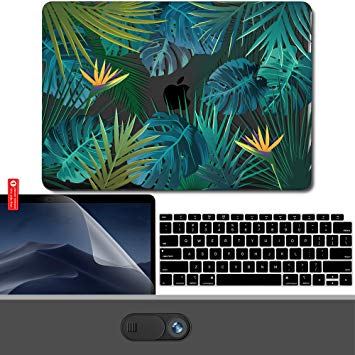 GMYLE MacBook Air 13 Inch Case 2018 Release A1932 with Touch ID Retina Bundle, Plastic Hard Shell, Privacy Webcam Cover Slide, Screen Protector Keyboard Skin Set - Tropical Summer Palm Leaf in Dark