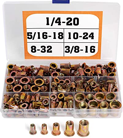 165-Piece Rivet Nuts SAE #8-32#10-24 1/4-20 5/16-18 3/8-16 Rivnuts Threaded Nutsert Assortment Kit Carbon Steel