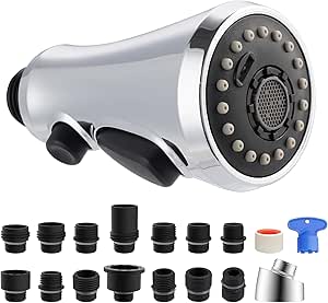 Hibbent Pull Down Kitchen Faucet Head Replacement, 3-Function Kitchen Faucet Head Sink Spray Nozzle with 15 Adapters Compatible with Moen, American Standard, Delta, Kohler Faucets, Chrome