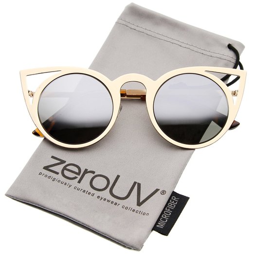 zeroUV - Womens Fashion Round Metal Cut-Out Flash Mirror Lens Cat Eye Sunglasses