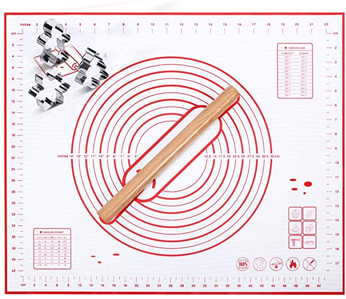 Silicone Pastry Mat - Non Slip Extra Large Silicone Baking Mats with Measurements 24" X 20" Dough Rolling Mat Pastry Sheet Silicone Rolling Mat with Christmas Cookie Cutters,Wood Rolling Pin