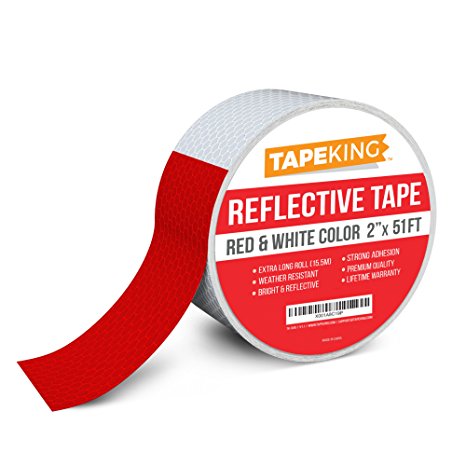 Tape King Reflective Tape, Red and White Safety, 2 Inch x 51 Feet Extra Long Single Roll - Ideal for Campers, Trucks, Trailers, RV's, Boats, Biking, Helmets, Night Visibility