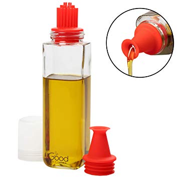 Olive Oil Bottle Dispenser- 16 oz Glass Cruet w Interchangeable No-Drip Spout and Silicone Basting Brush