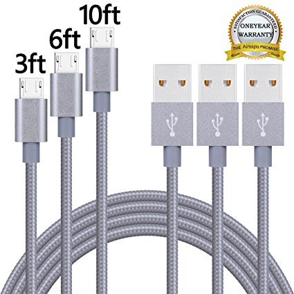 Micro USB Cable,Airsspu 3Pack 3FT 6FT 10FT Extra Long Premium Nylon Braided High Speed USB to Micro USB Charging Cord Android Fast Charger for Samsung Galaxy S7/S6/S5/Edge,Note 5,HTC,LG,Nexus(Gray)