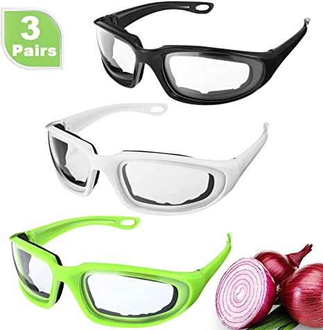 3 Pieces Onion Goggles Glasses Anti-Fog No-Tears Kitchen Onion Glasses with Inside Sponge for Onion Tearless BBQ Grilling Dust-proof for Women Men Cleaning Kitchen (White, Black, Green)