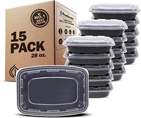 Freshware Meal Prep Containers [15 Pack] 1 Compartment Food Storage Containers with Lids, Bento Box, BPA Free, Stackable, Microwave/Dishwasher/Freezer Safe (28 oz)